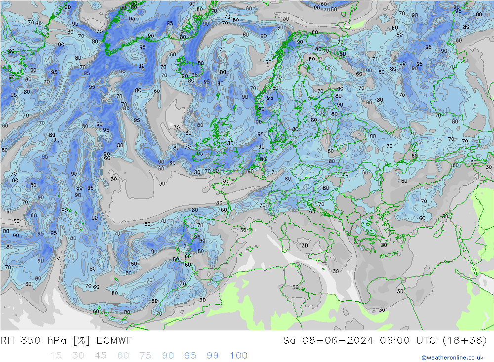 RH 850 hPa ECMWF Sáb 08.06.2024 06 UTC