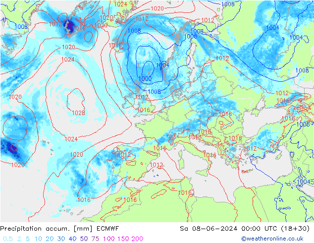 Precipitación acum. ECMWF sáb 08.06.2024 00 UTC