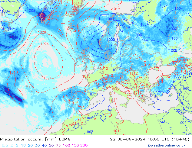 Totale neerslag ECMWF za 08.06.2024 18 UTC