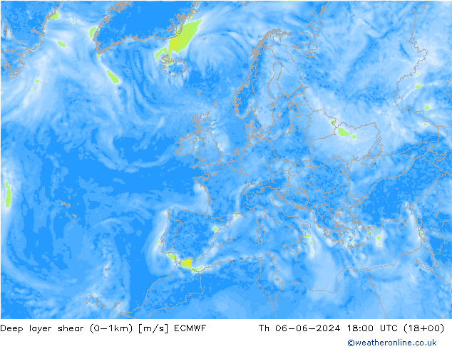 Deep layer shear (0-1km) ECMWF чт 06.06.2024 18 UTC