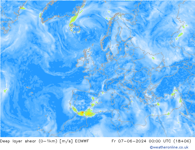 Deep layer shear (0-1km) ECMWF Fr 07.06.2024 00 UTC