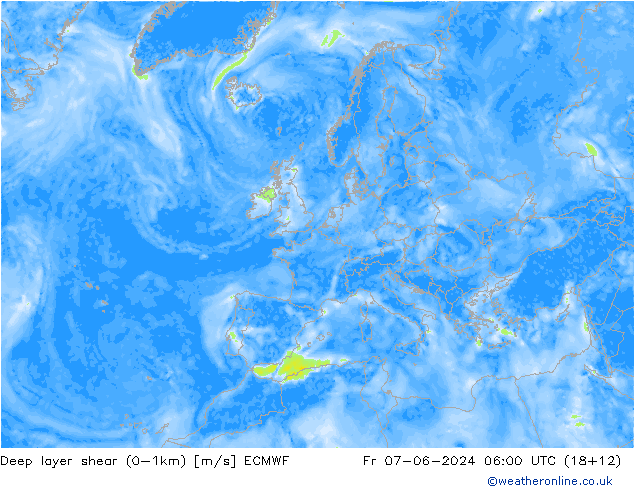 Deep layer shear (0-1km) ECMWF Cu 07.06.2024 06 UTC