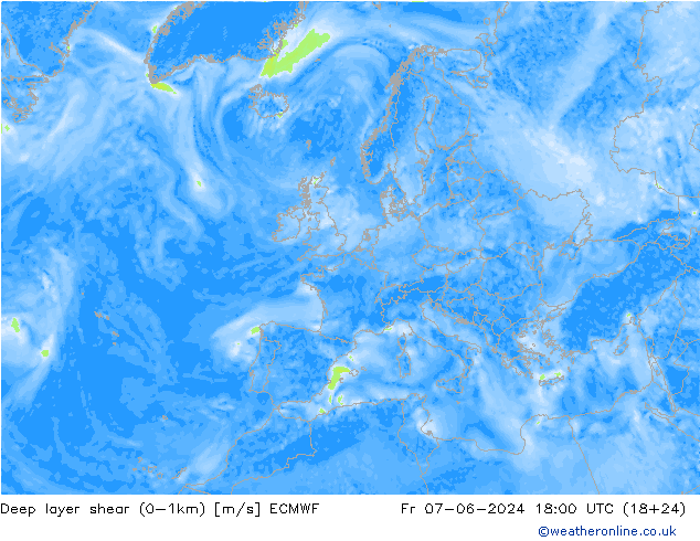 Deep layer shear (0-1km) ECMWF ven 07.06.2024 18 UTC