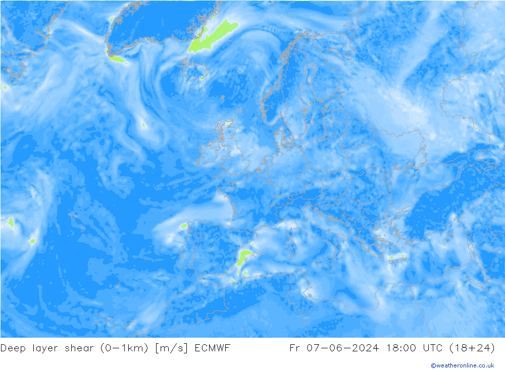 Deep layer shear (0-1km) ECMWF Fr 07.06.2024 18 UTC