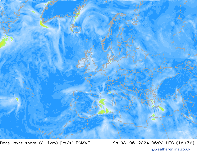 Deep layer shear (0-1km) ECMWF Sa 08.06.2024 06 UTC