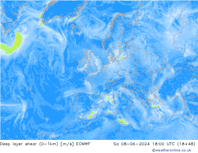 Deep layer shear (0-1km) ECMWF sam 08.06.2024 18 UTC