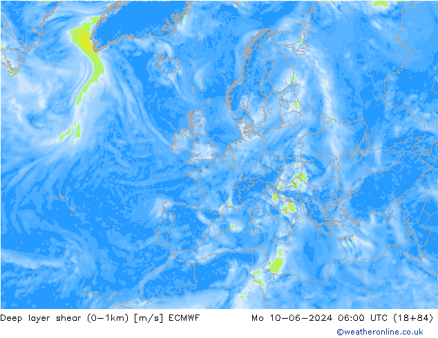 Deep layer shear (0-1km) ECMWF lun 10.06.2024 06 UTC