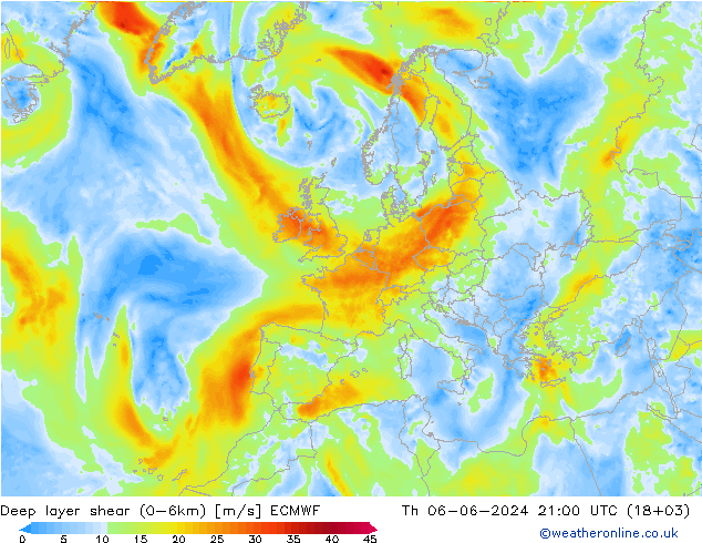 Deep layer shear (0-6km) ECMWF do 06.06.2024 21 UTC