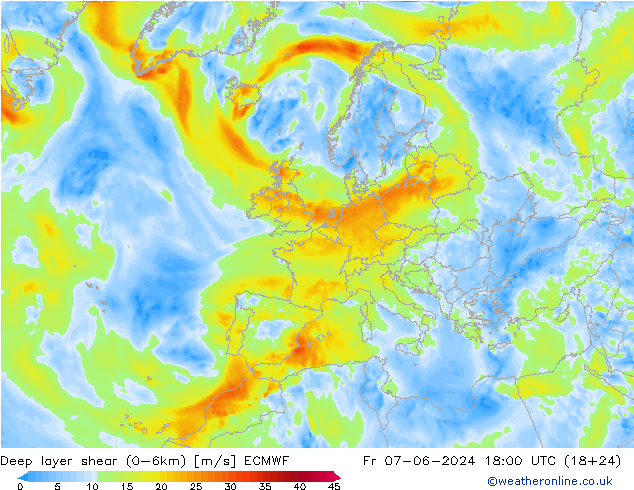 Deep layer shear (0-6km) ECMWF Fr 07.06.2024 18 UTC