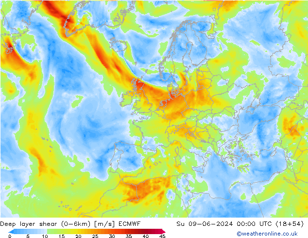 Deep layer shear (0-6km) ECMWF So 09.06.2024 00 UTC