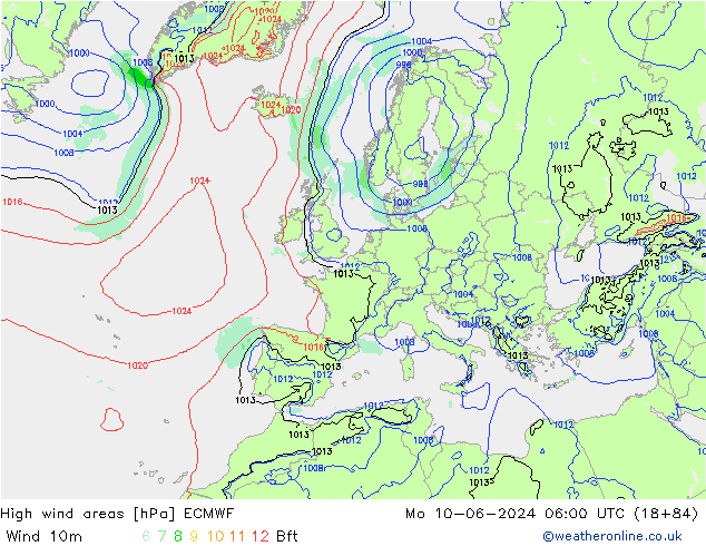 High wind areas ECMWF lun 10.06.2024 06 UTC