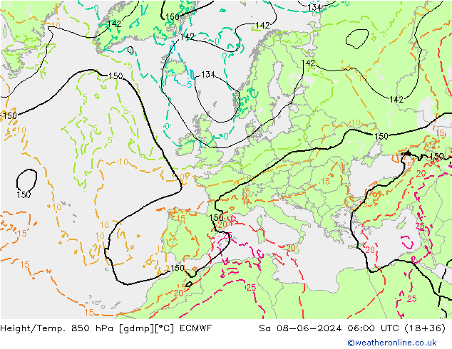 Geop./Temp. 850 hPa ECMWF sáb 08.06.2024 06 UTC