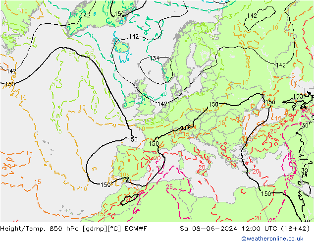 Height/Temp. 850 гПа ECMWF сб 08.06.2024 12 UTC