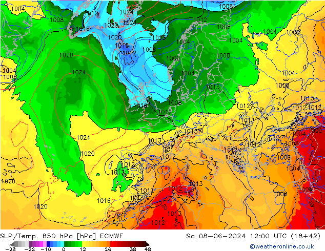 SLP/Temp. 850 hPa ECMWF sáb 08.06.2024 12 UTC