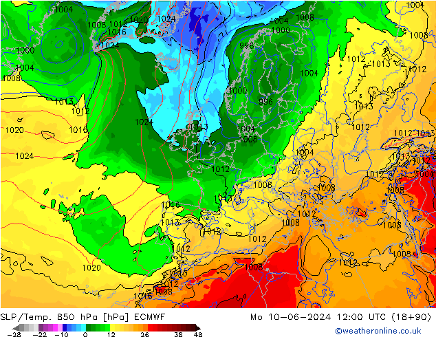 SLP/Temp. 850 hPa ECMWF Seg 10.06.2024 12 UTC