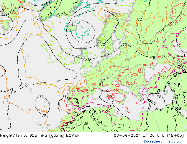 Height/Temp. 925 hPa ECMWF Čt 06.06.2024 21 UTC