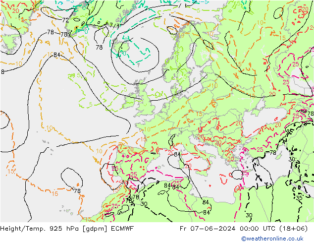 Height/Temp. 925 hPa ECMWF 星期五 07.06.2024 00 UTC