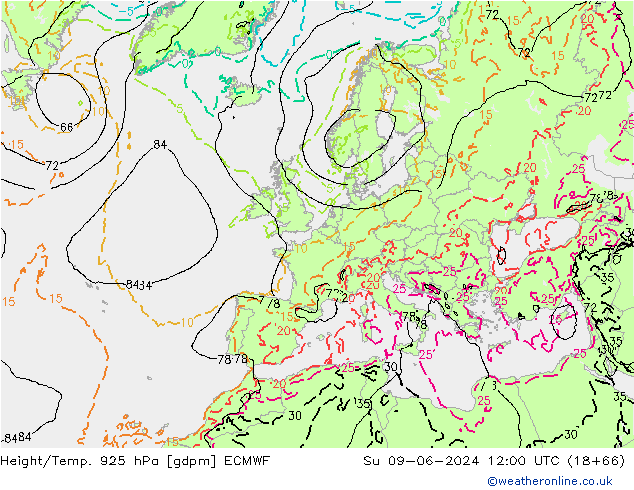 Yükseklik/Sıc. 925 hPa ECMWF Paz 09.06.2024 12 UTC