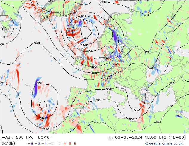 T-Adv. 500 гПа ECMWF чт 06.06.2024 18 UTC