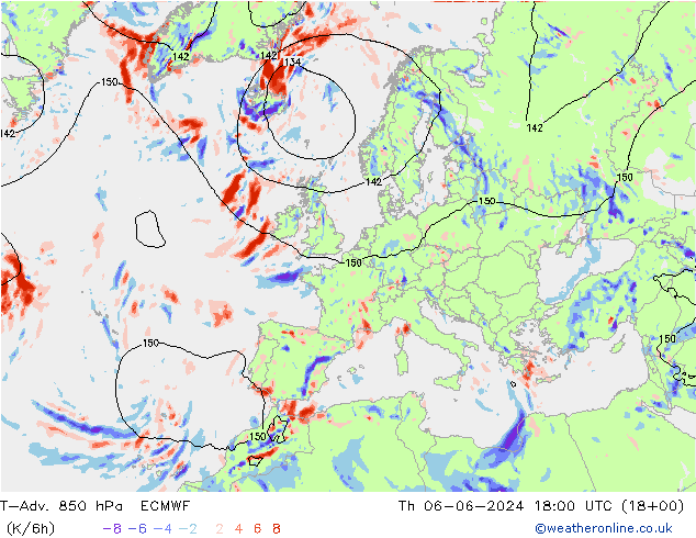 T-Adv. 850 hPa ECMWF Do 06.06.2024 18 UTC