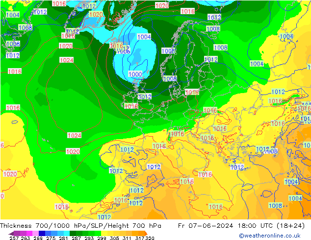 Schichtdicke 700-1000 hPa ECMWF Fr 07.06.2024 18 UTC