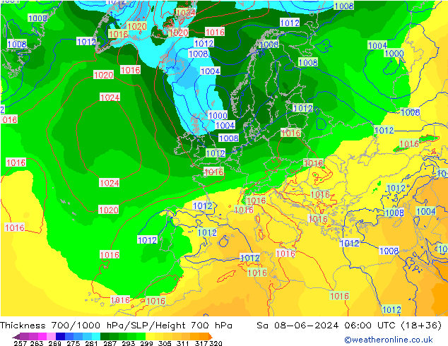 Espesor 700-1000 hPa ECMWF sáb 08.06.2024 06 UTC