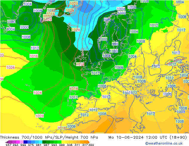 Thck 700-1000 hPa ECMWF lun 10.06.2024 12 UTC