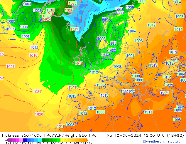 Espesor 850-1000 hPa ECMWF lun 10.06.2024 12 UTC