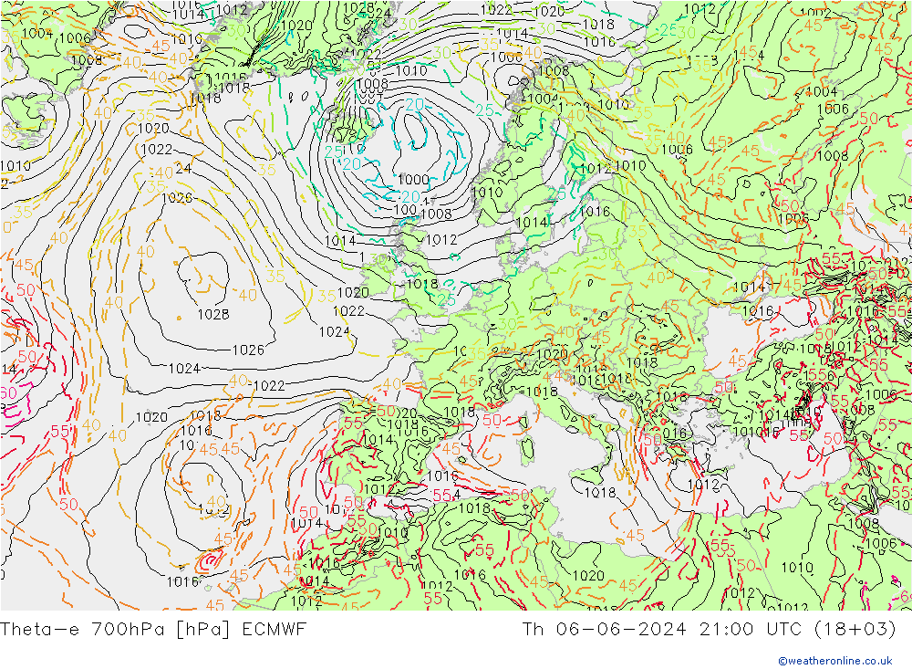 Theta-e 700hPa ECMWF czw. 06.06.2024 21 UTC