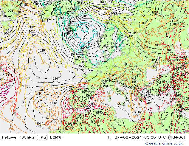 Theta-e 700hPa ECMWF ven 07.06.2024 00 UTC