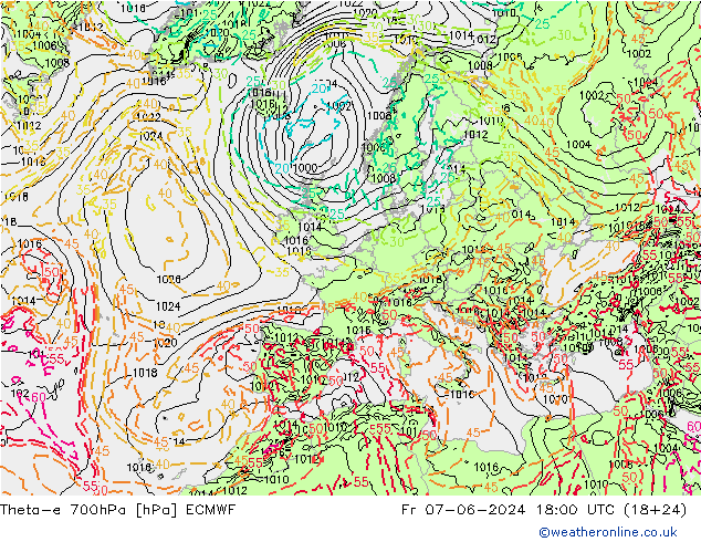 Theta-e 700hPa ECMWF Fr 07.06.2024 18 UTC