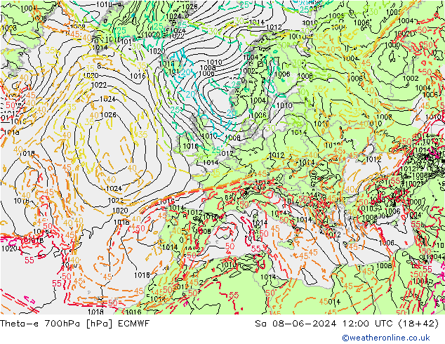 Theta-e 700hPa ECMWF Sa 08.06.2024 12 UTC