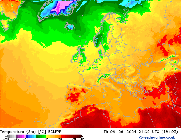 mapa temperatury (2m) ECMWF czw. 06.06.2024 21 UTC