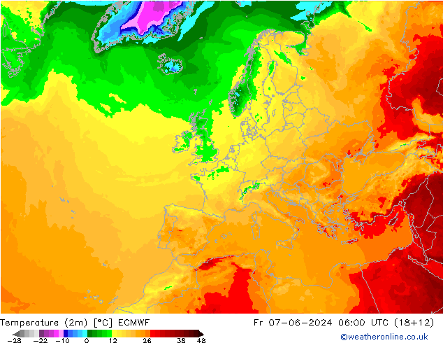 Temperatuurkaart (2m) ECMWF vr 07.06.2024 06 UTC