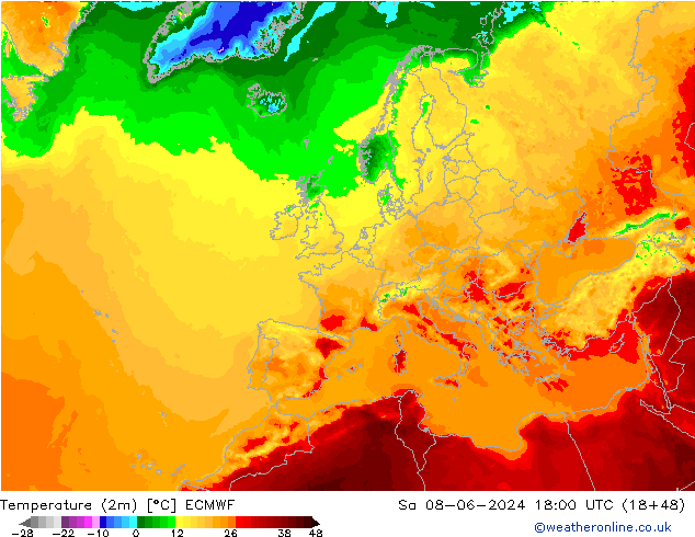 Temperature (2m) ECMWF Sa 08.06.2024 18 UTC