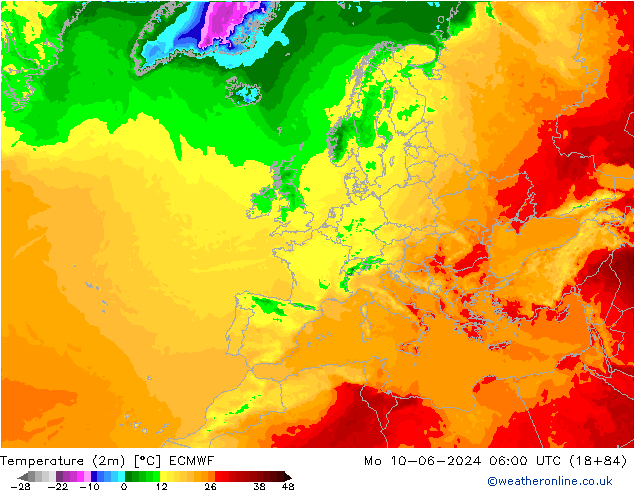 Temperature (2m) ECMWF Mo 10.06.2024 06 UTC