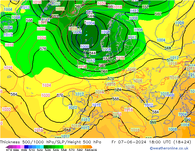 Schichtdicke 500-1000 hPa ECMWF Fr 07.06.2024 18 UTC