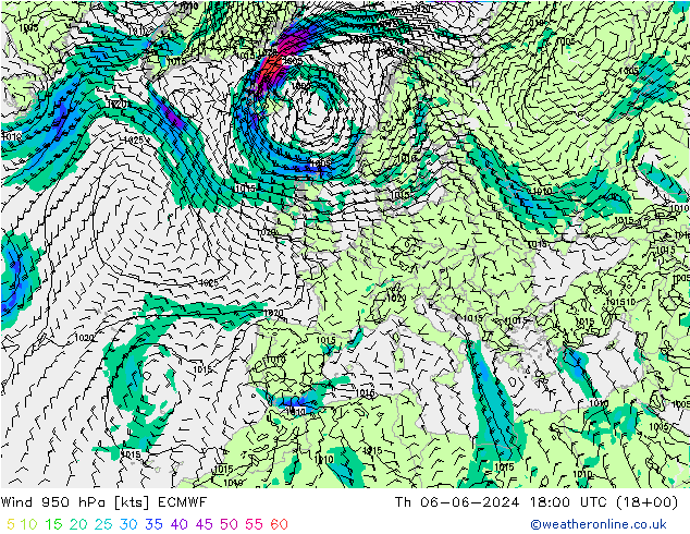 Rüzgar 950 hPa ECMWF Per 06.06.2024 18 UTC