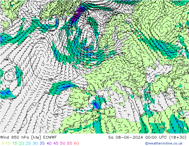 Viento 950 hPa ECMWF sáb 08.06.2024 00 UTC