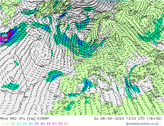 Prec 6h/Wind 10m/950 ECMWF sáb 08.06.2024 12 UTC