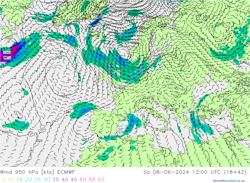 Prec 6h/Wind 10m/950 ECMWF Sa 08.06.2024 12 UTC