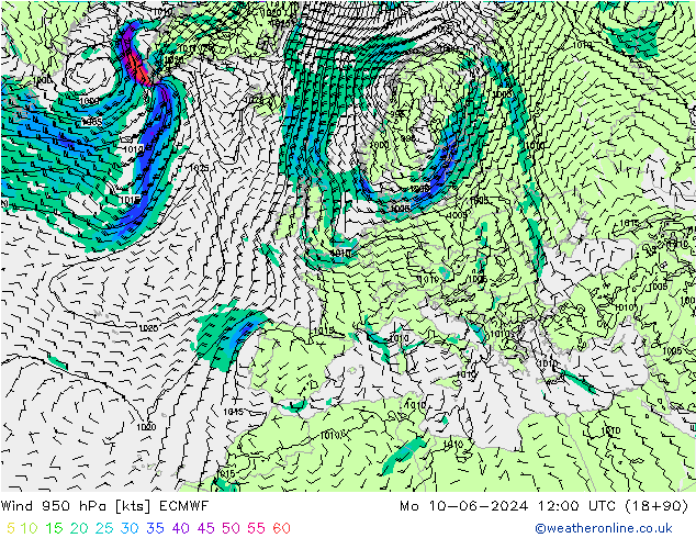 Vento 950 hPa ECMWF lun 10.06.2024 12 UTC