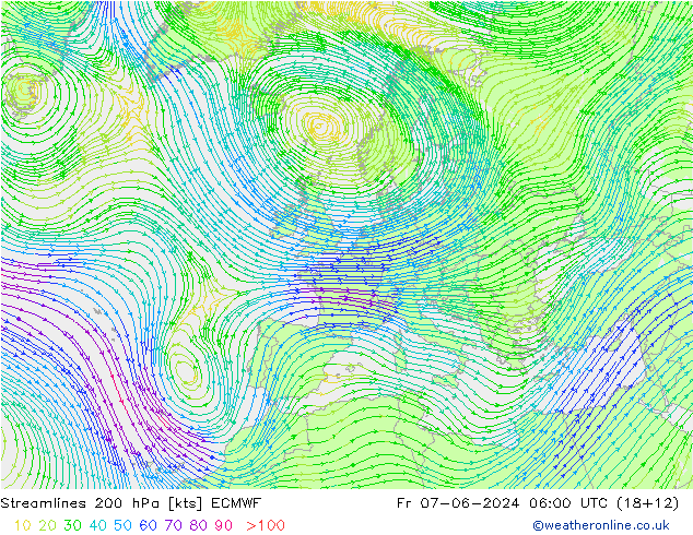 Linia prądu 200 hPa ECMWF pt. 07.06.2024 06 UTC