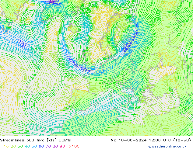 Streamlines 500 hPa ECMWF Po 10.06.2024 12 UTC