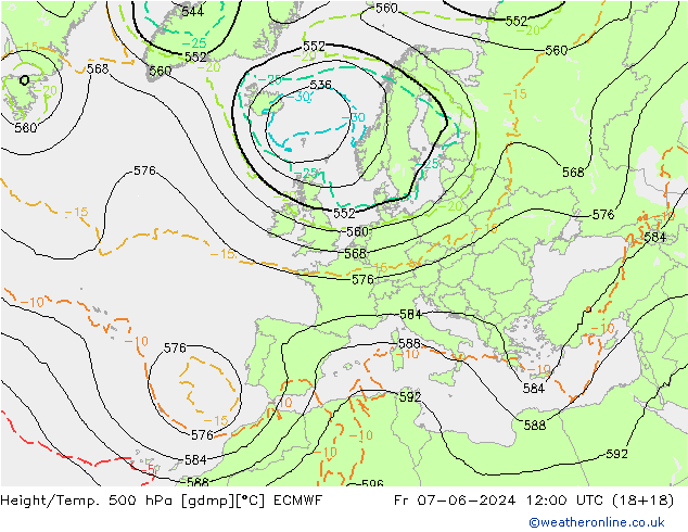 Z500/Rain (+SLP)/Z850 ECMWF ven 07.06.2024 12 UTC