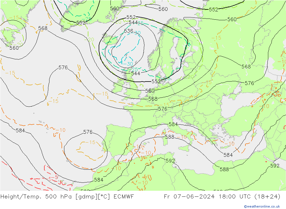 Z500/Rain (+SLP)/Z850 ECMWF Fr 07.06.2024 18 UTC