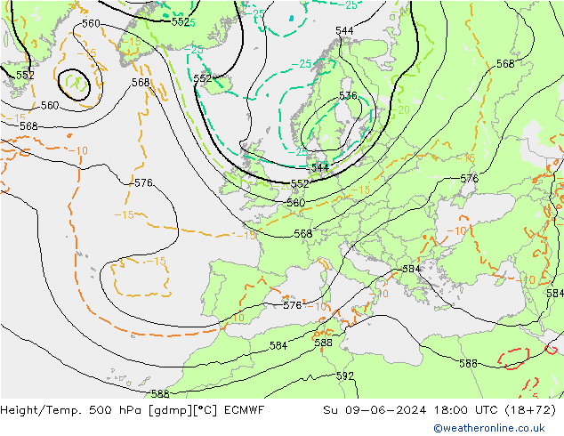 Yükseklik/Sıc. 500 hPa ECMWF Paz 09.06.2024 18 UTC