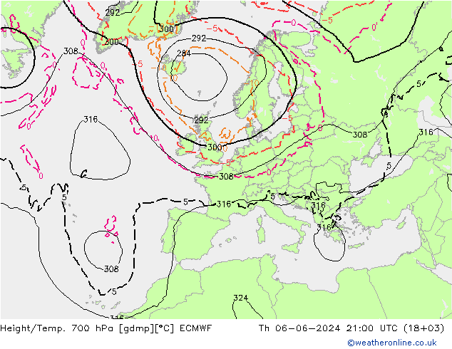 Height/Temp. 700 гПа ECMWF чт 06.06.2024 21 UTC