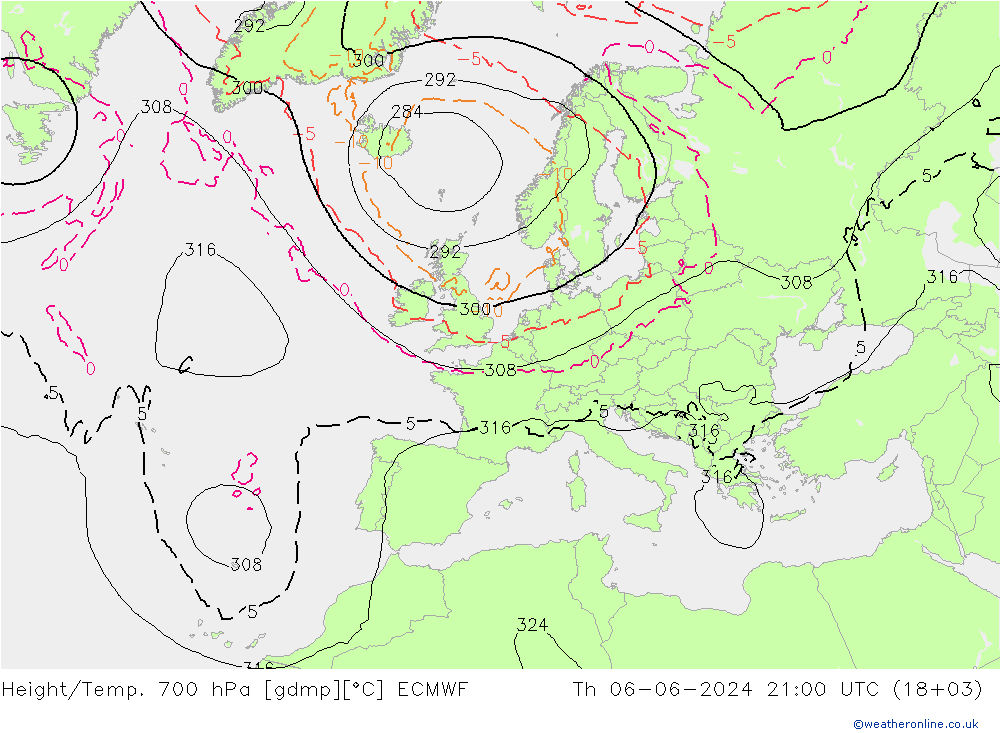 Height/Temp. 700 hPa ECMWF Qui 06.06.2024 21 UTC