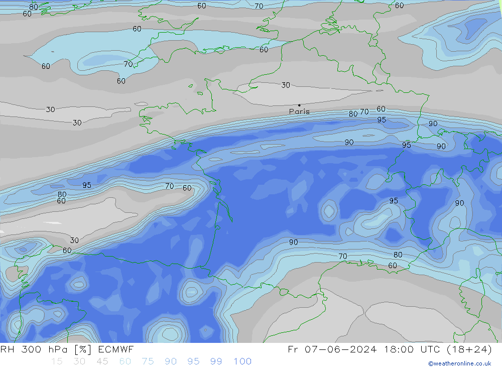 RH 300 гПа ECMWF пт 07.06.2024 18 UTC